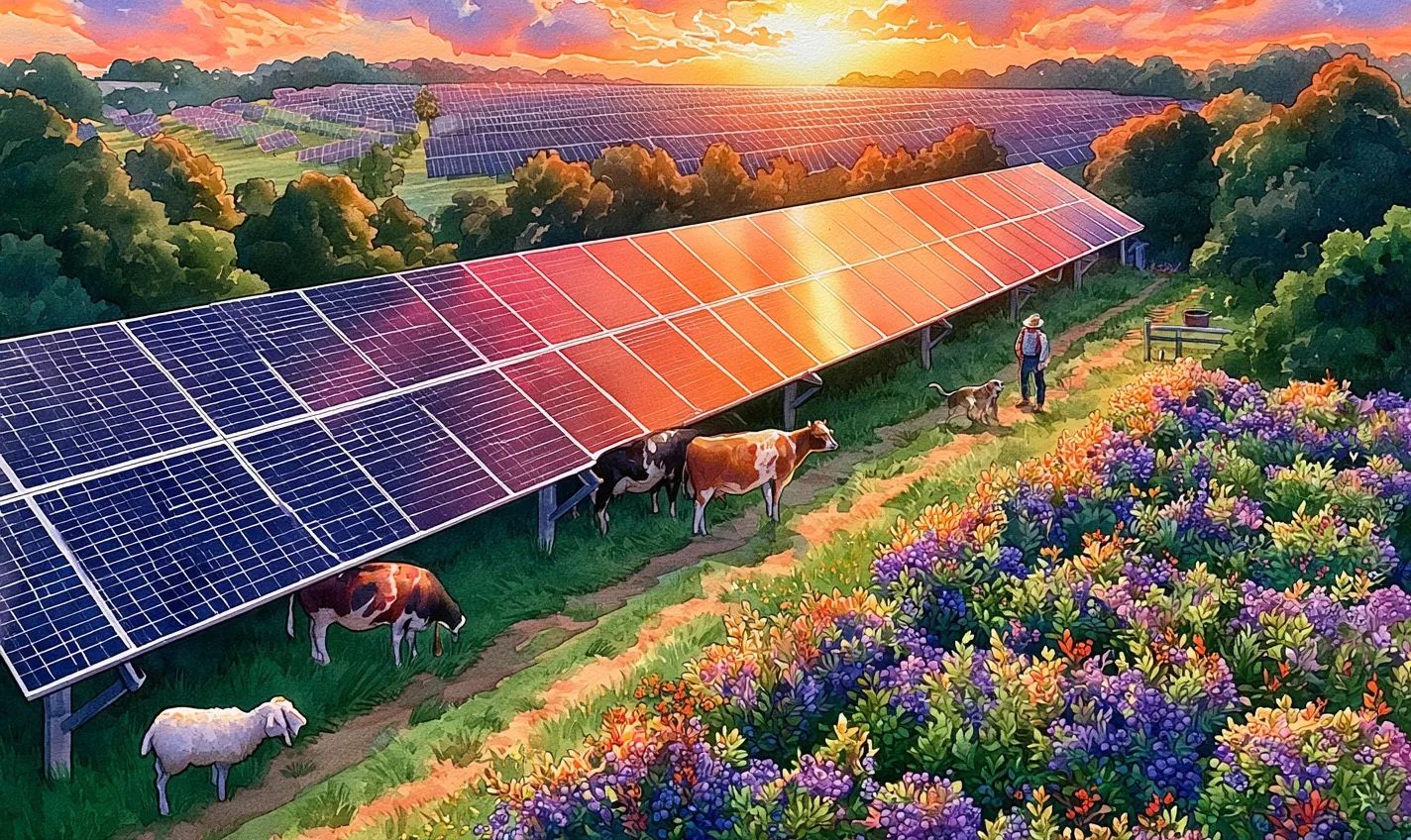Cows and a sheep grazing under raised solar panels at sunset, with a farmer and dog on the path and wildflowers in the foreground