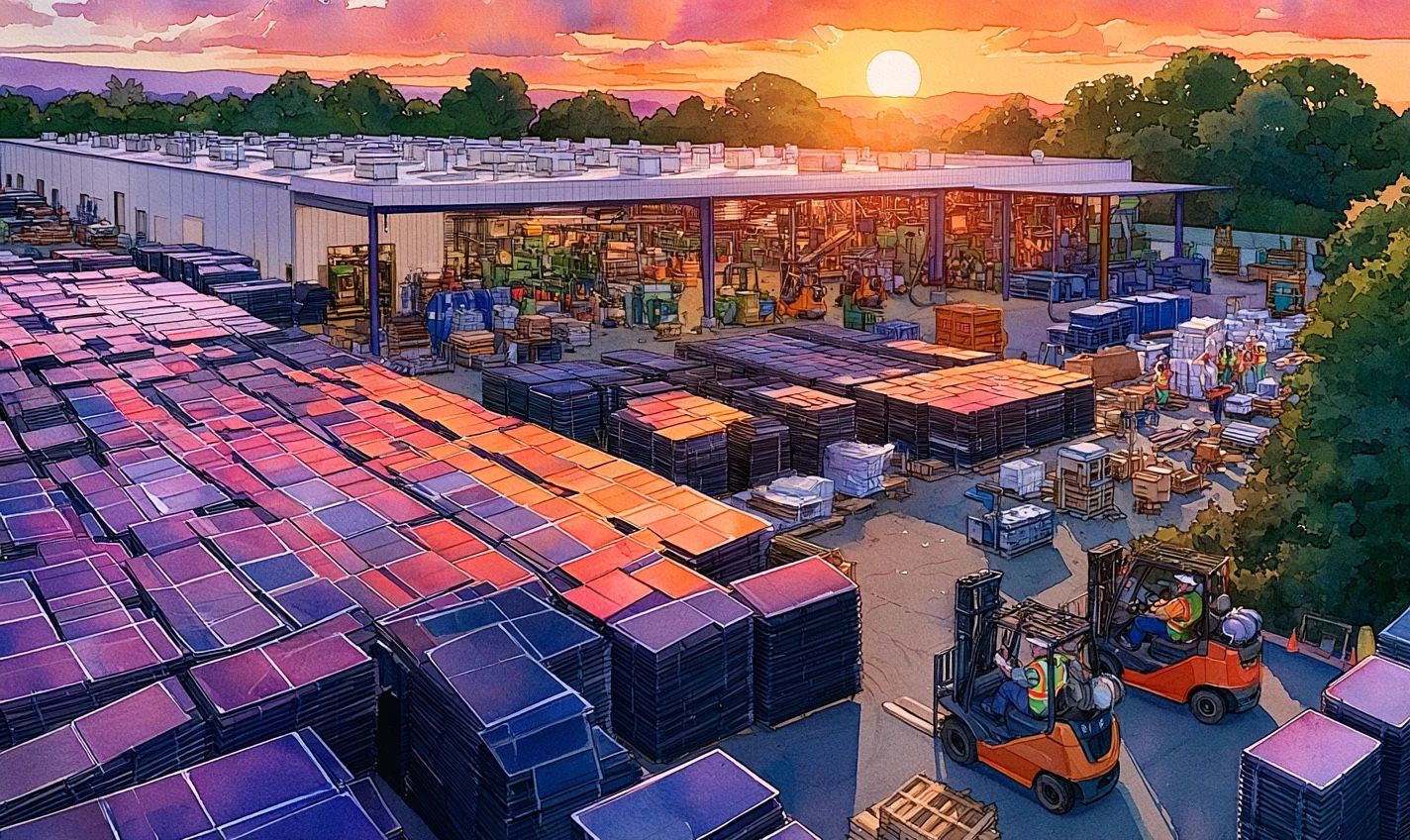 Stacks of retired solar panels at a recycling yard at sunset, with workers driving forklifts