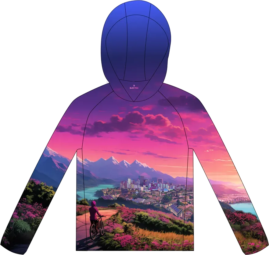 Electric Sunset sun hoodie: a cyclist on a flowered path above a solar-powered city at sunset