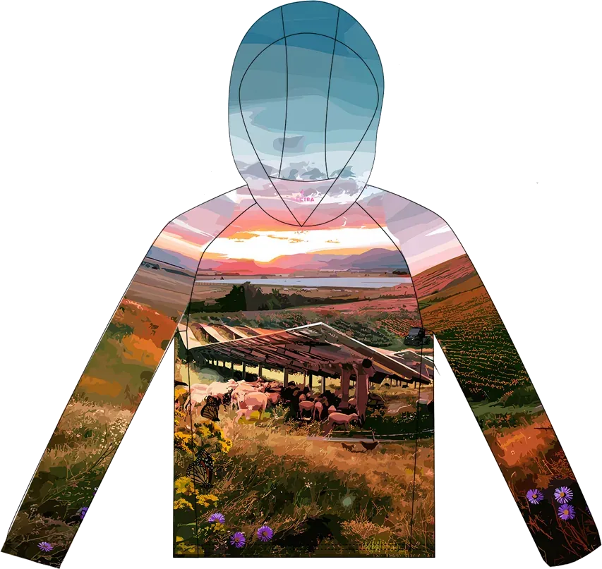 First Light sun hoodie: sheep grazing in the shade of solar panels at dawn