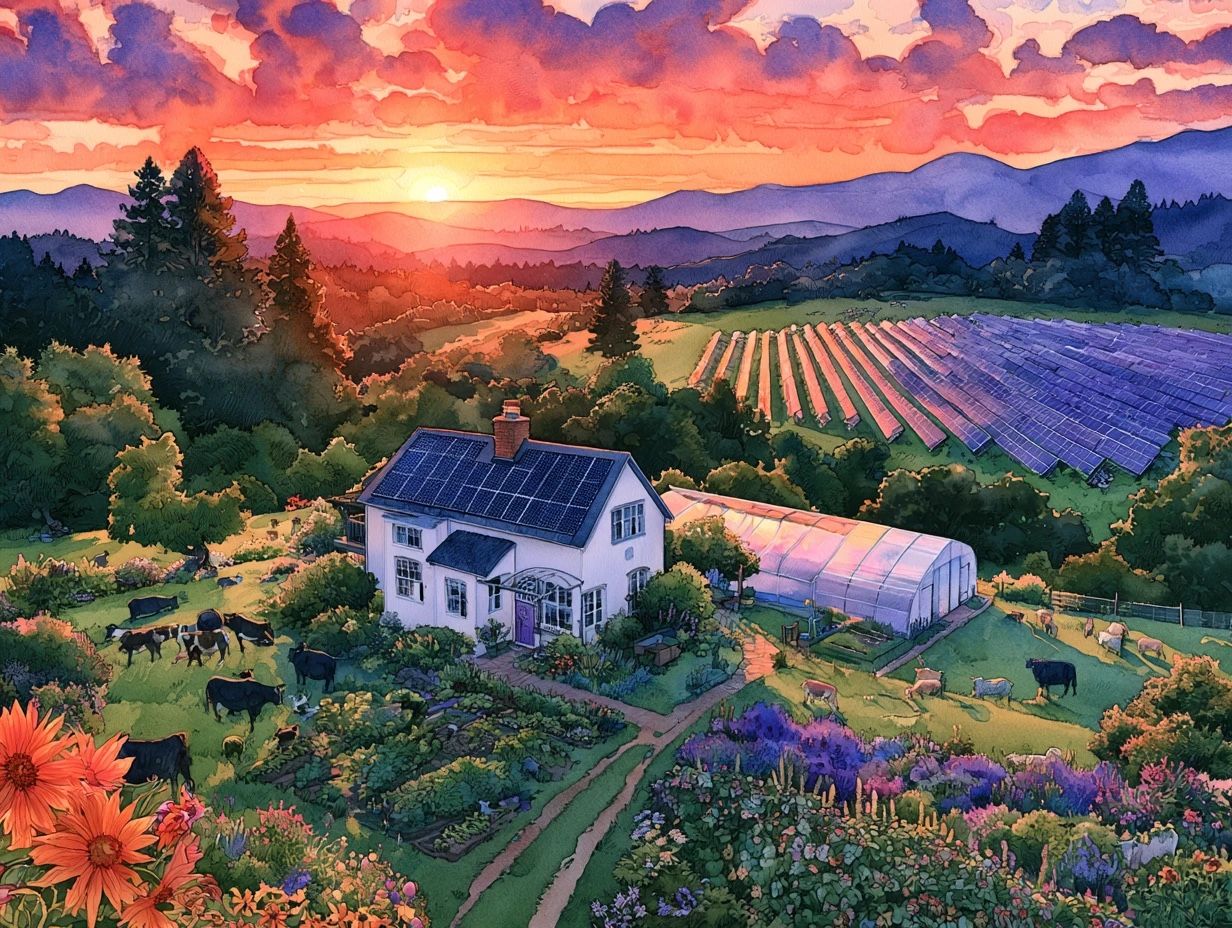 Watercolor of a neighborhood at sunset, with solar panels on the rooftops and children riding bikes down the street