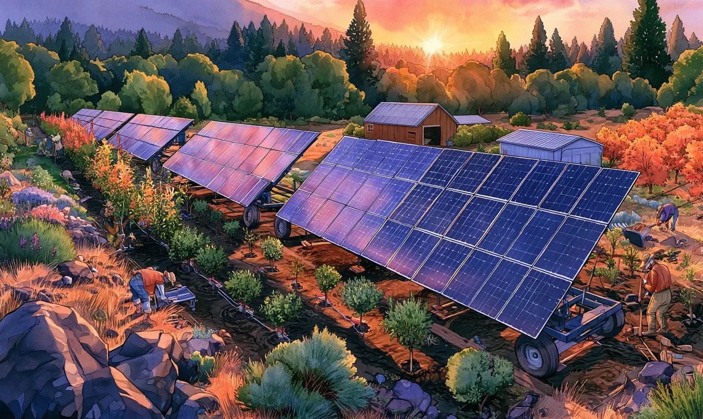 People planting young trees and native shrubs on bare ground around solar panels at sunset