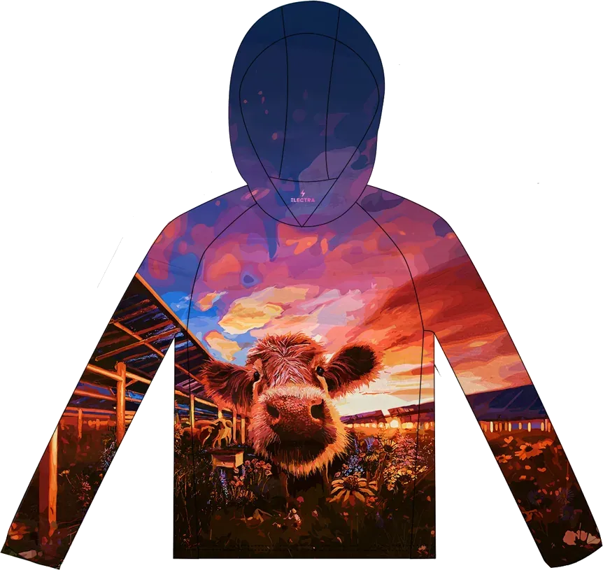 Winnie sun hoodie: a curious cow in wildflowers under solar panels at sunset
