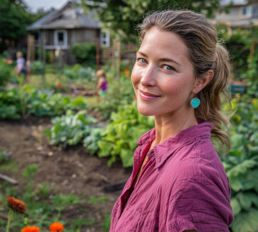 Jaime stands in front of her big garden with her kids playing in the background.